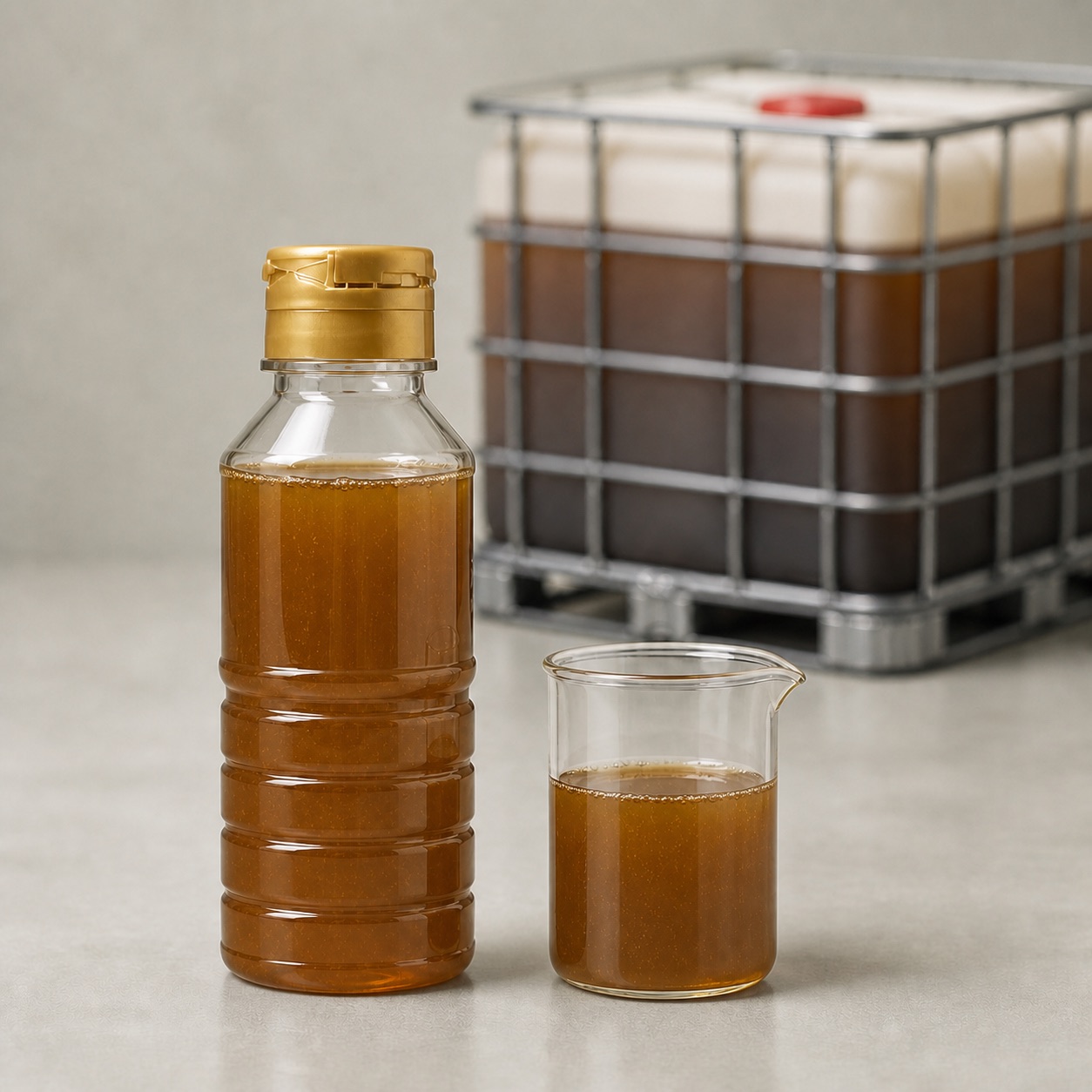 Crude rice bran oil sample and IBC bulk packaging