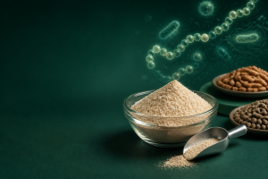 Antibacterial peptide powder with feed pellets and an illustrated peptide-chain background